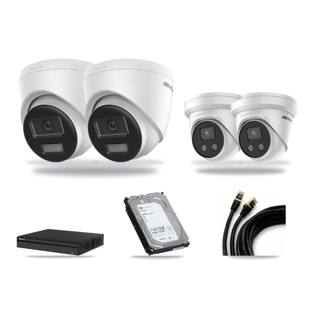 Hikvision & Prolux 4-Channel 5MP – 4K CCTV Kit — 2 DS-2CD1383G2-LIU 4K + 2 DS-2CD3356G2-ISU 5MP Turret Cameras + 6TB Recording (PXN-2104HS-4P-4K Recorder) - Image 1