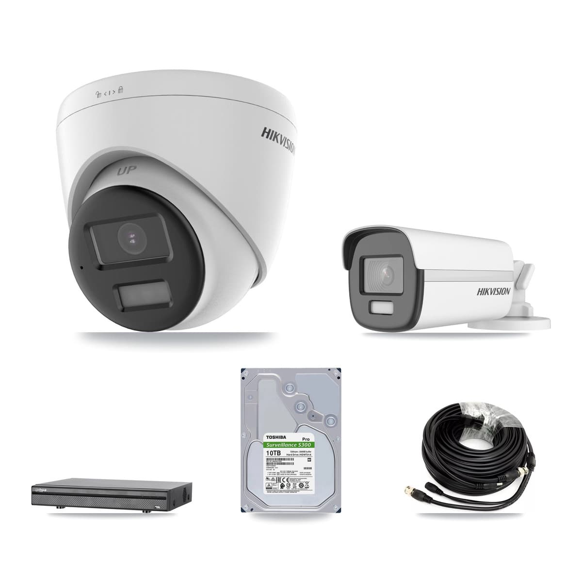 Hikvision & Dahua 8-Channel 4K CCTV Kit — 1 Bullet + 4 Turret Cameras + 10TB Recording (DH-XVR5108H Recorder)