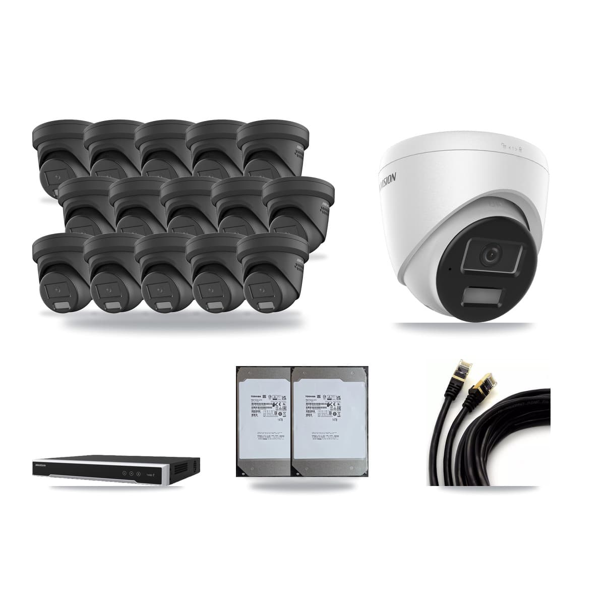 Hikvision 16-Channel 4MP CCTV Kit — 1 DS-2CD1343G2 + 15 Black DS-2CD2347G2 Turret Cameras + 2× 14TB Recording (DS-7616NI-M2 Recorder) - Image 1