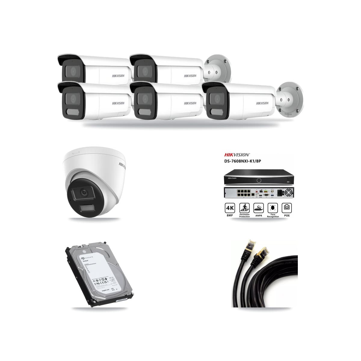 Hikvision 8-Channel 4MP – 4K CCTV Kit — 1 DS-2CD1383G2-LIU 4K Turret + 5 DS-2CD2T47G2H-LISU/SL 4MP Bullet Cameras + 6TB Recording (DS-7608NXI-K1/8P Recorder) - Image 1
