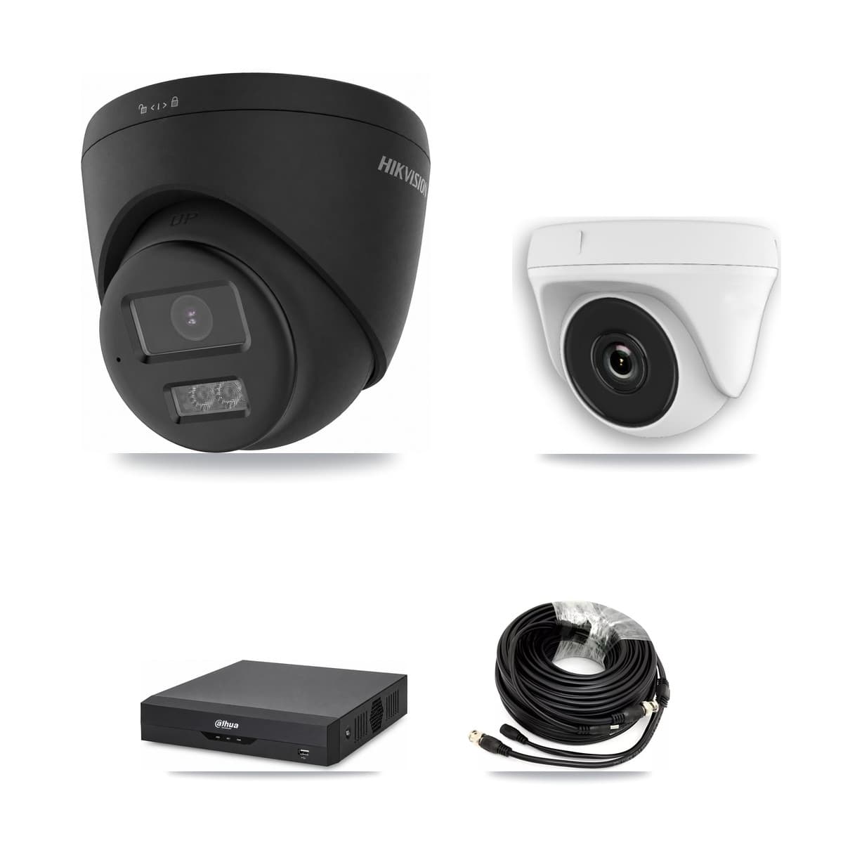 Hikvision & Dahua 4-Channel 2MP – 4K CCTV Kit — 1 Black 4K Turret + 1 White 2MP Dome Cameras + 3TB Recording