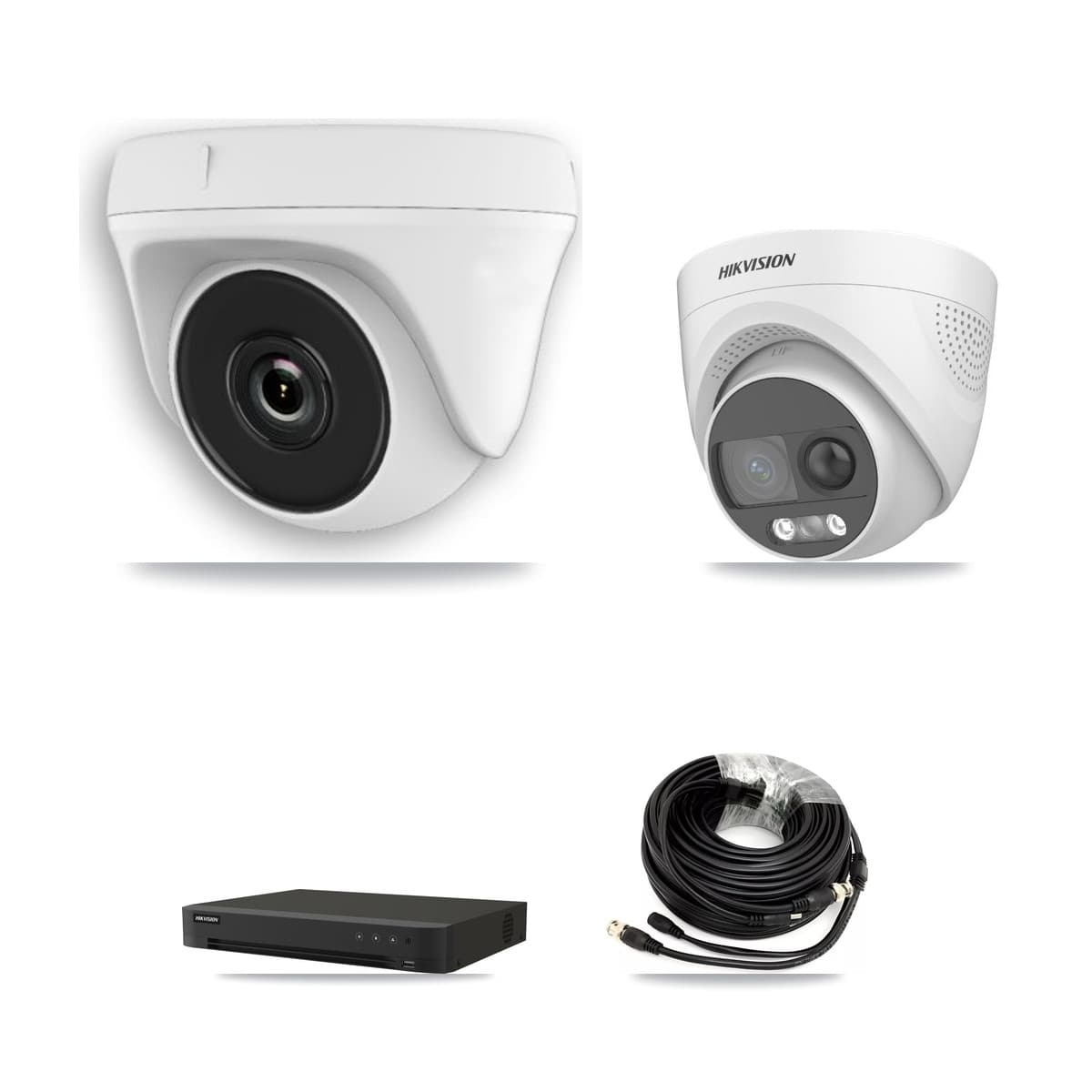 Hikvision 8-Channel 2MP – 5MP CCTV Kit — 1 DS-2CE72KF3T-PIRXO 5MP Turret + 3 White HDT-2MP-N20W-2.8MM 2MP Dome Cameras + 3TB Recording (IDS-7208HUHI-M1/XT Recorder)