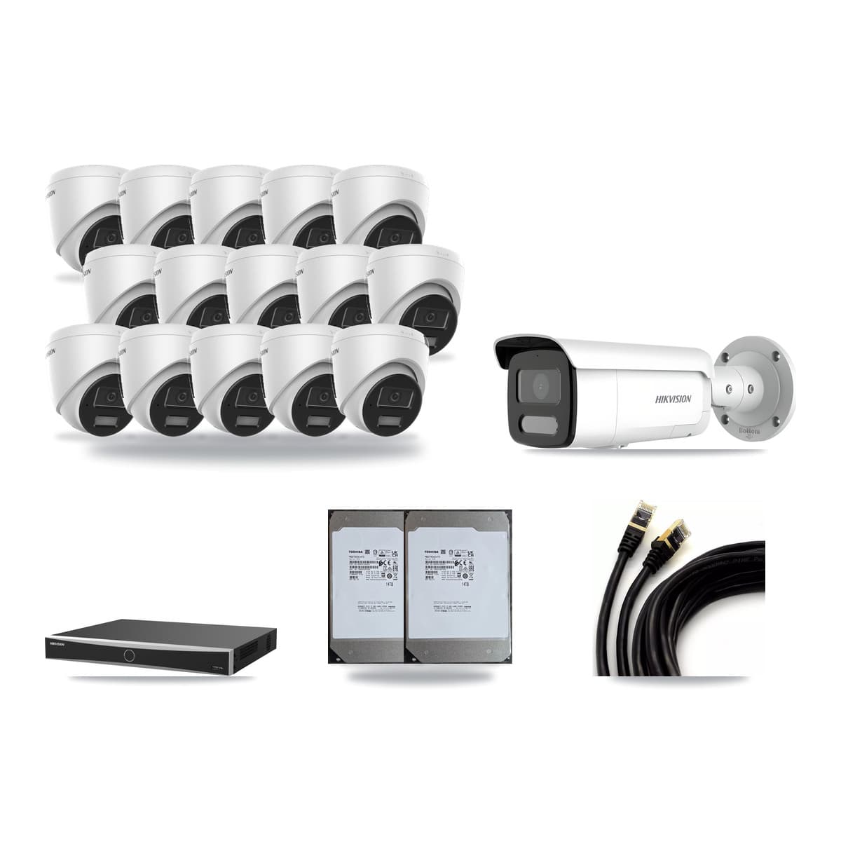 Hikvision 16-Channel 4MP CCTV Kit — 15 Turret + 1 Bullet Cameras + 2× 14TB Recording (DS-7616NXI Recorder) - Image 1