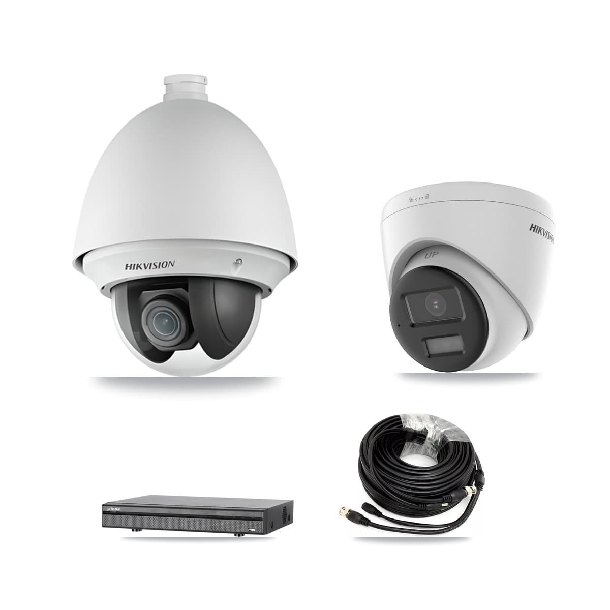 Hikvision & Dahua 8-Channel 2MP – 4K CCTV Kit — 1 2MP PTZ + 1 4K Turret Cameras + 3TB Recording (DH-XVR5108H Recorder)