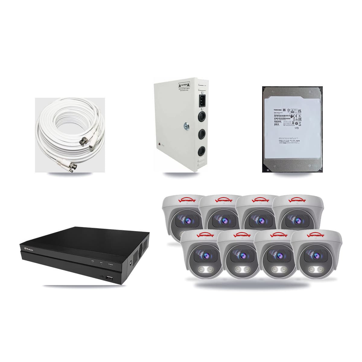 Viper & Prolux 8-Channel 5MP CCTV Kit — 8 White Cameras + 14TB Recording (PXD-5208AN Recorder) - Image 1