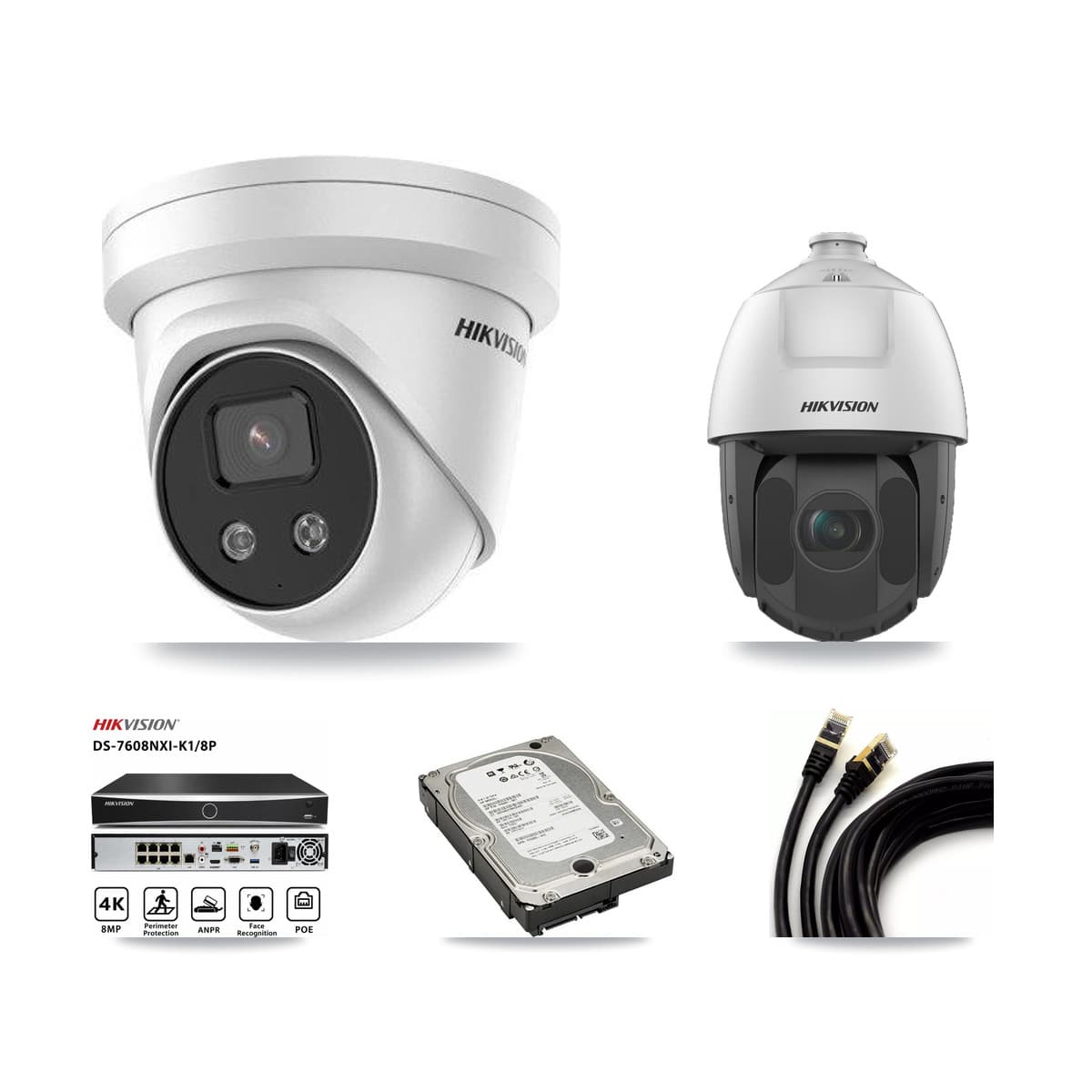 Hikvision 8-Channel 2MP – 5MP CCTV Kit — 3 5MP Turret + 1 2MP PTZ Cameras + 5TB Recording (DS-7608NXI Recorder)