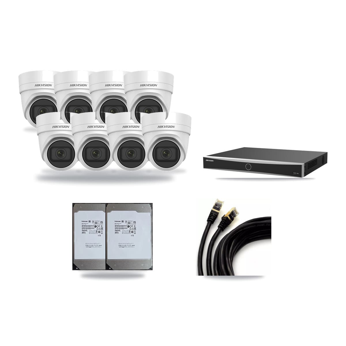 Hikvision 16-Channel 4K CCTV Kit — 8 DS-2CD2H83G0 Turret Cameras + 2× 14TB Recording (DS-7616NXI Recorder) - Image 1