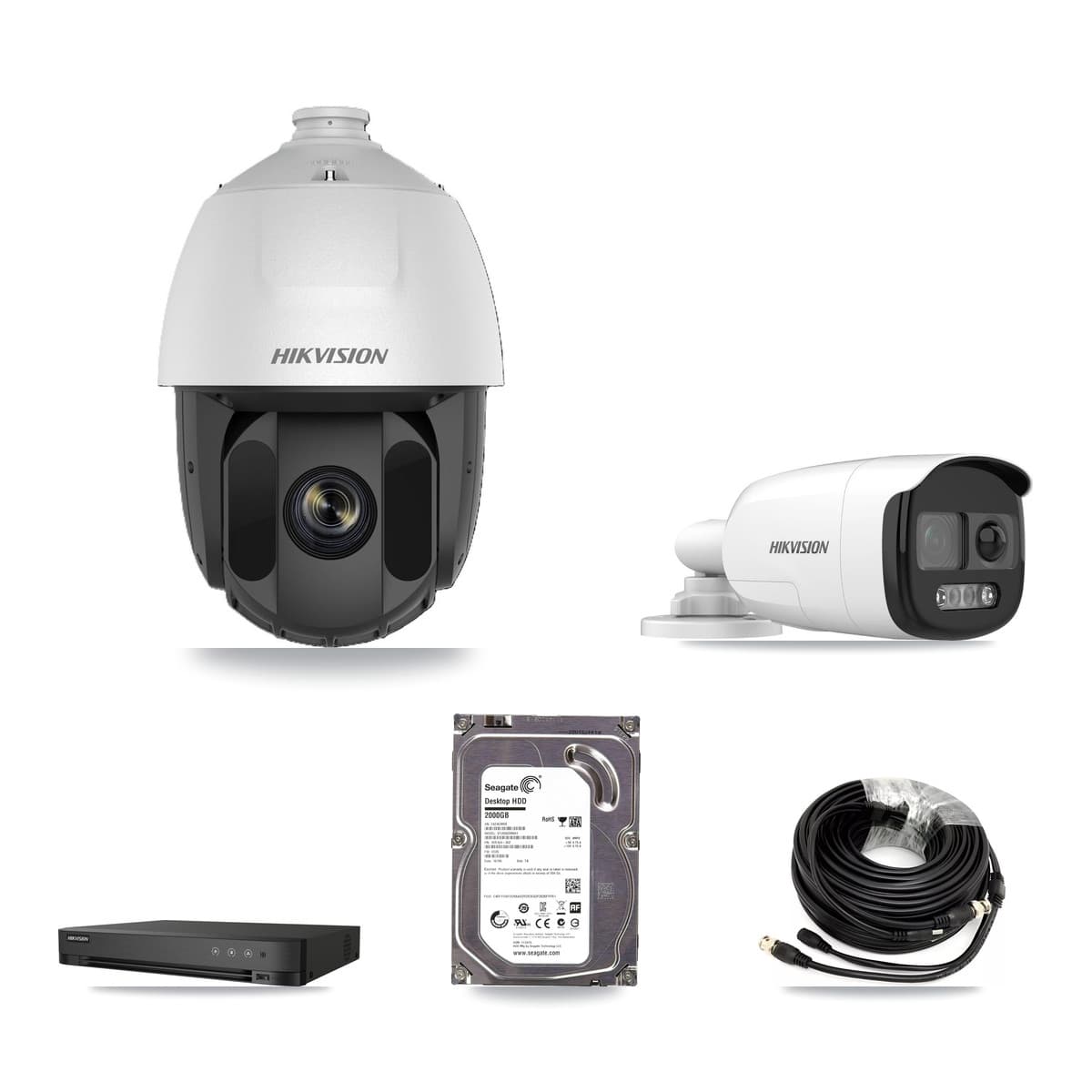 Hikvision 4-Channel 2MP – 5MP CCTV Kit — 1 DS-2AE5225TI 2MP PTZ + 1 DS-2CE12KF3T 5MP Bullet Cameras + 2TB Recording (IDS-7204HQHI Recorder) - Image 1