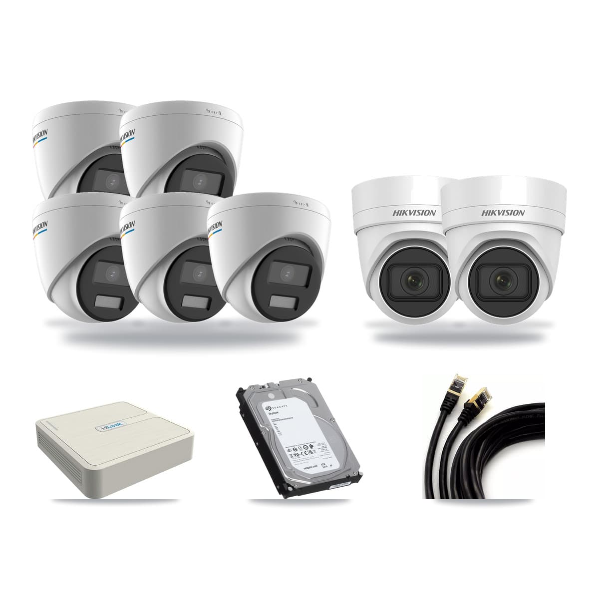 Hikvision & HiLook 8-Channel 2MP – 4MP CCTV Kit — 5 DS-2CD1327G2 2MP + 2 DS-2CD2H45FWD 4MP Turret Cameras + 6TB Recording - Image 1