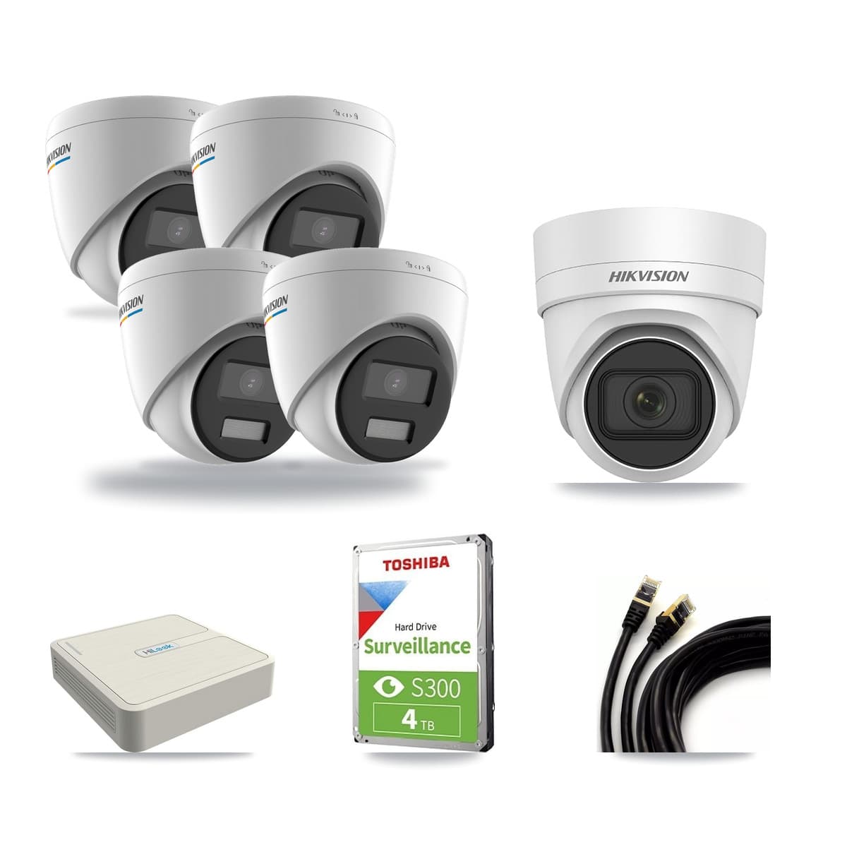 Hikvision & HiLook 8-Channel 2MP – 4MP CCTV Kit — 4 DS-2CD1327G2 2MP + 1 DS-2CD2H45FWD 4MP Turret Cameras + 4TB Recording - Image 1