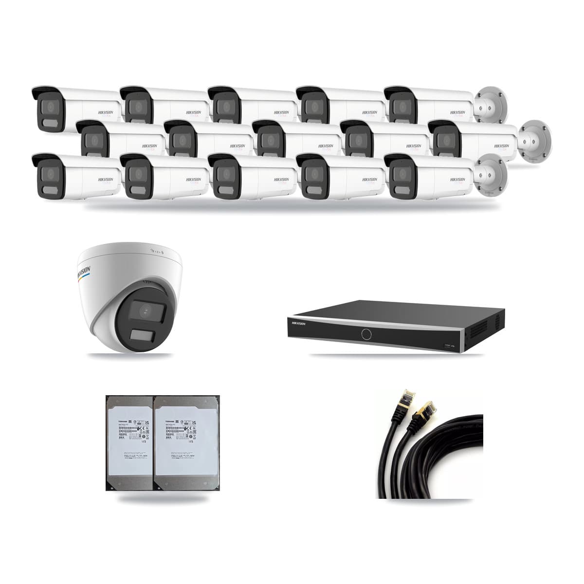 Hikvision 16-Channel 2MP – 4K CCTV Kit — 1 2MP Turret + 15 White 4K Bullet Cameras + 2× 14TB Recording (DS-7616NXI Recorder) - Image 1