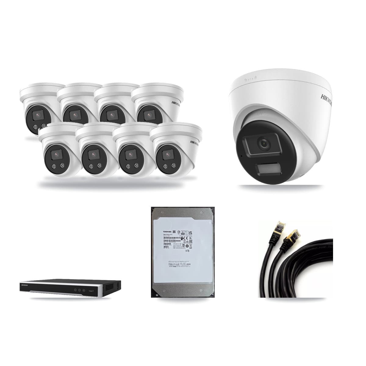 Hikvision 16-channel CCTV kit: 9 cameras (8× 5MP Turret + 1× 4K Turret), 14TB hard drive