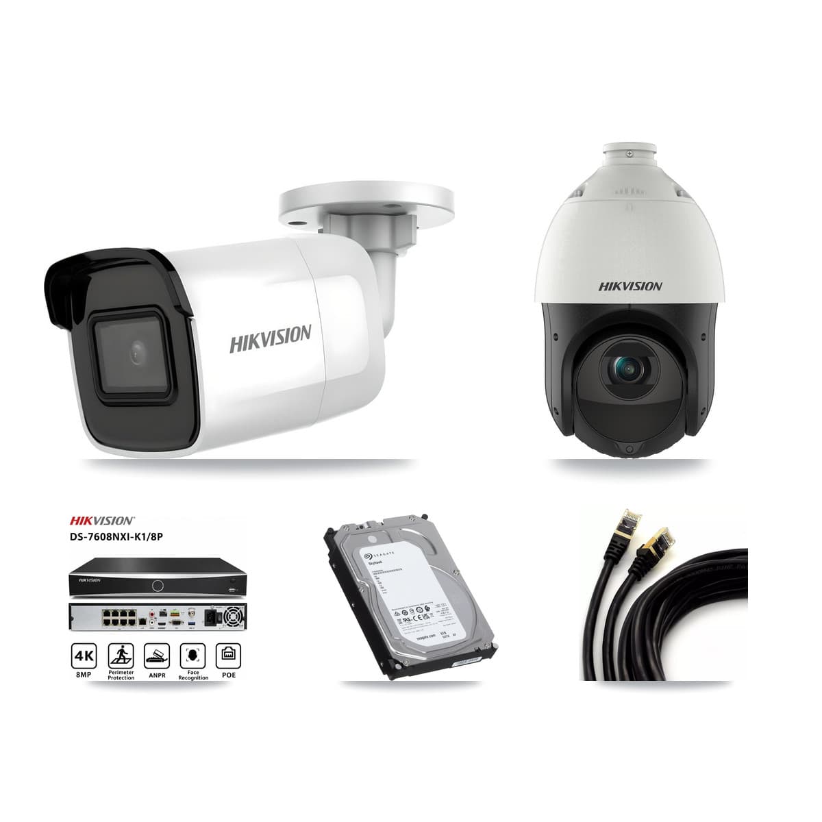 Hikvision 8-Channel 4MP – 4K CCTV Kit — 2 4K Bullet + 1 4MP PTZ Cameras + 6TB Recording (DS-7608NXI Recorder) - Image 1