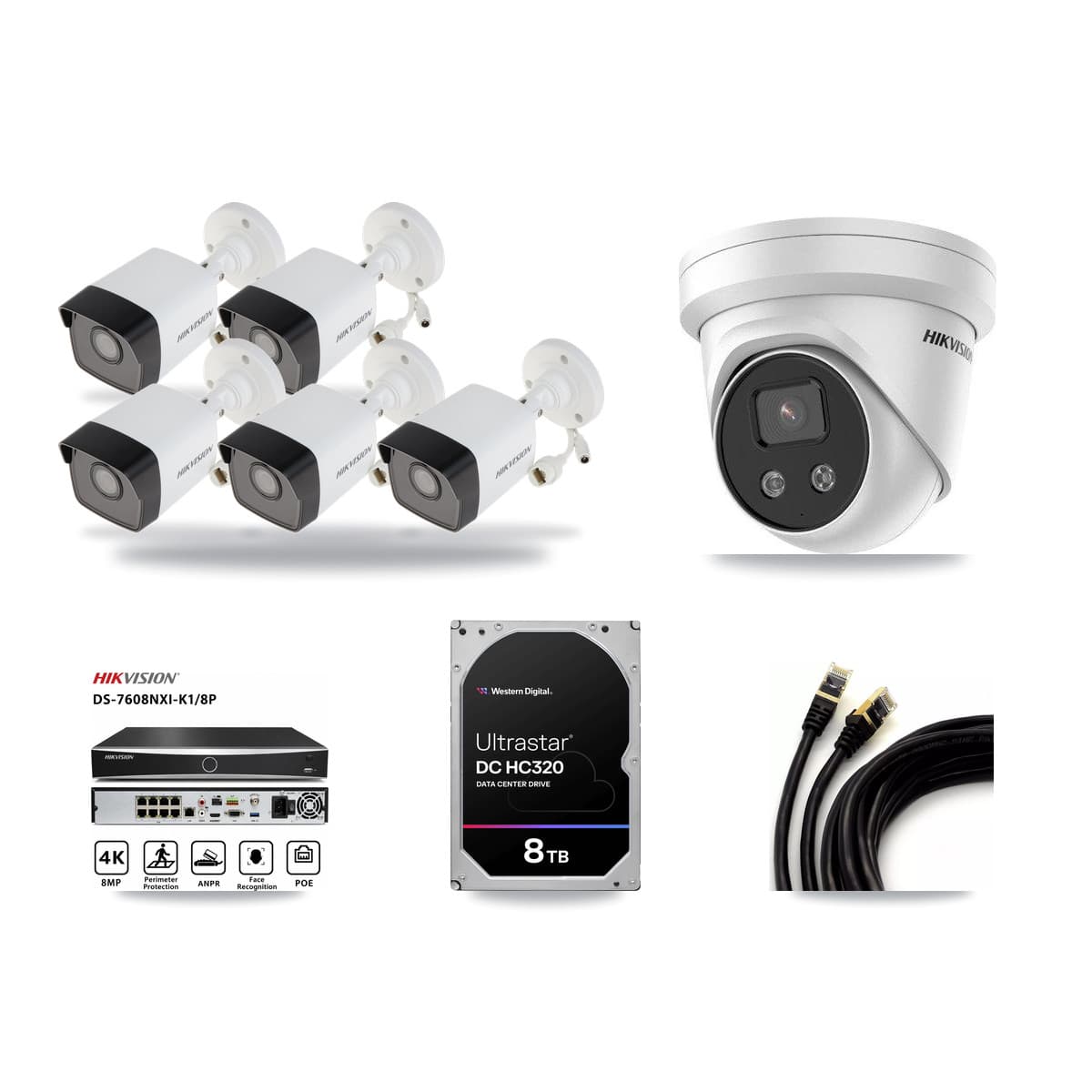 Hikvision 8-Channel 5MP CCTV Kit — 5 DS-2CD1053G0 Bullet + 1 DS-2CD3356G2 Turret Cameras + 8TB Recording - Image 1