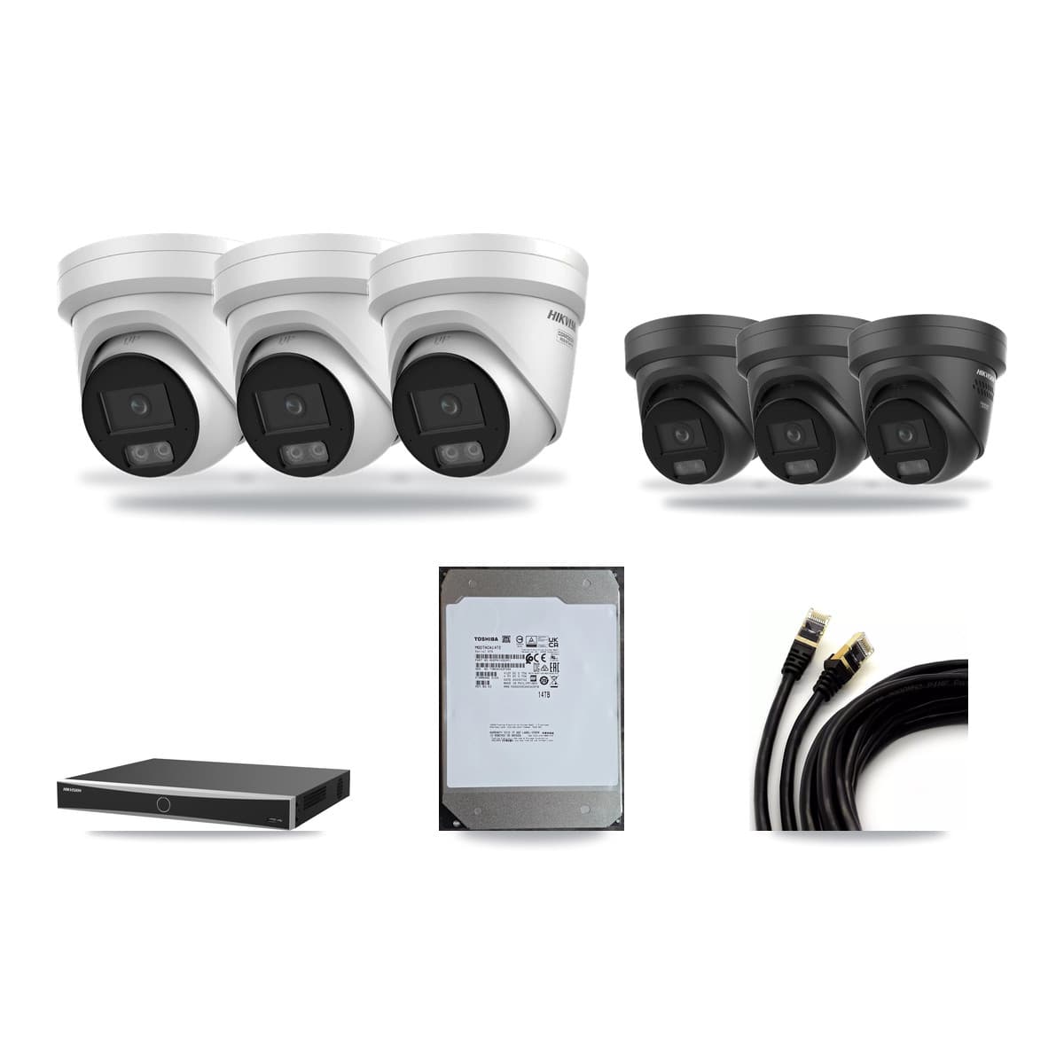 Hikvision 16-Channel 4K CCTV Kit — 3 + 3 Black Turret Cameras + 14TB Recording (DS-7616NXI Recorder) - Image 1