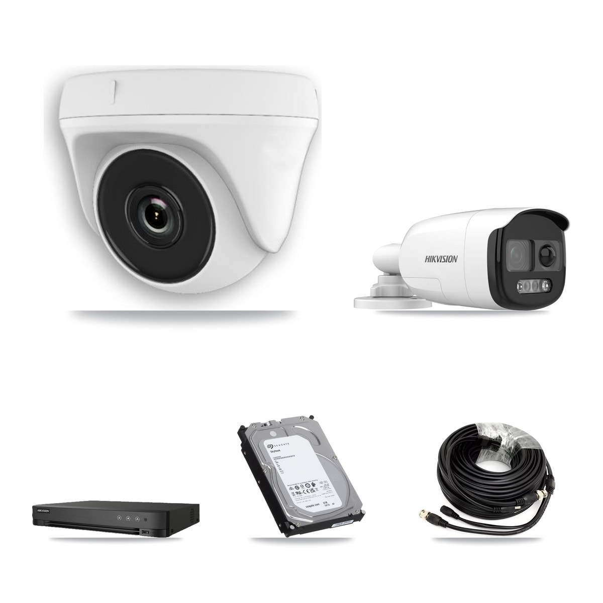 Hikvision 8-Channel 2MP – 5MP CCTV Kit — 1 DS-2CE12KF3T 5MP Bullet + 7 White HDT-2MP-N20W 2MP Dome Cameras + 6TB Recording (IDS-7208HQHI Recorder) - Image 1