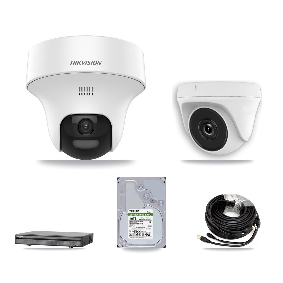 Hikvision & Dahua 8-Channel 2MP – 5MP CCTV Kit — 7 DS-2CE70K0T 5MP Turret + 1 White HDT-2MP-N20W 2MP Dome Cameras + 10TB Recording (DH-XVR5108H Recorder)