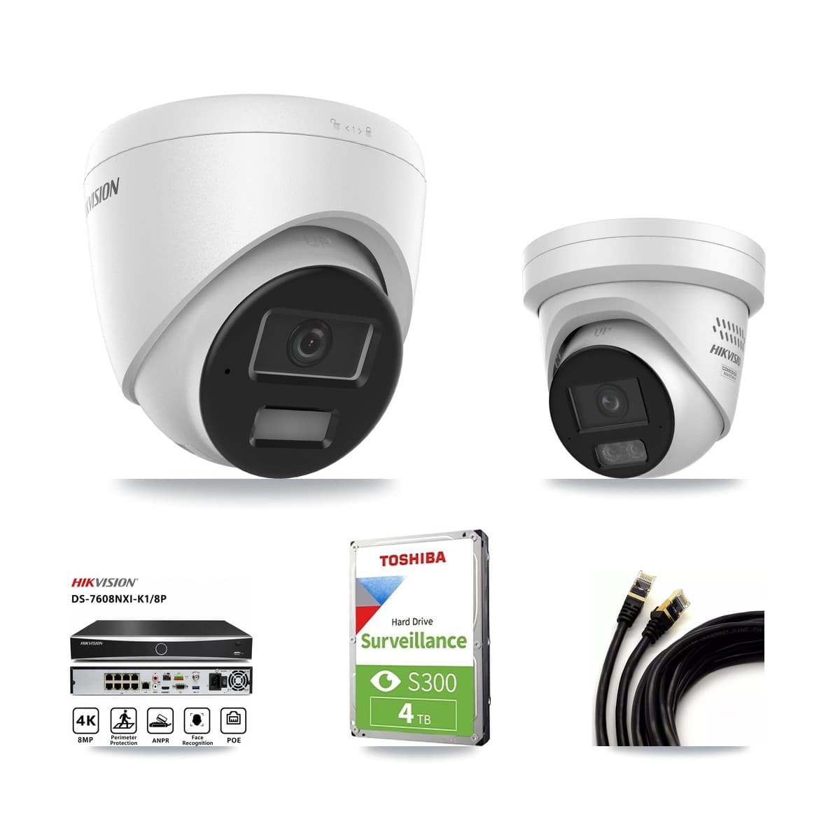 Hikvision 8-Channel 4MP CCTV Kit — 2 DS-2CD1343G2 + 1 DS-2CD2347G3 Turret Cameras + 4TB Recording