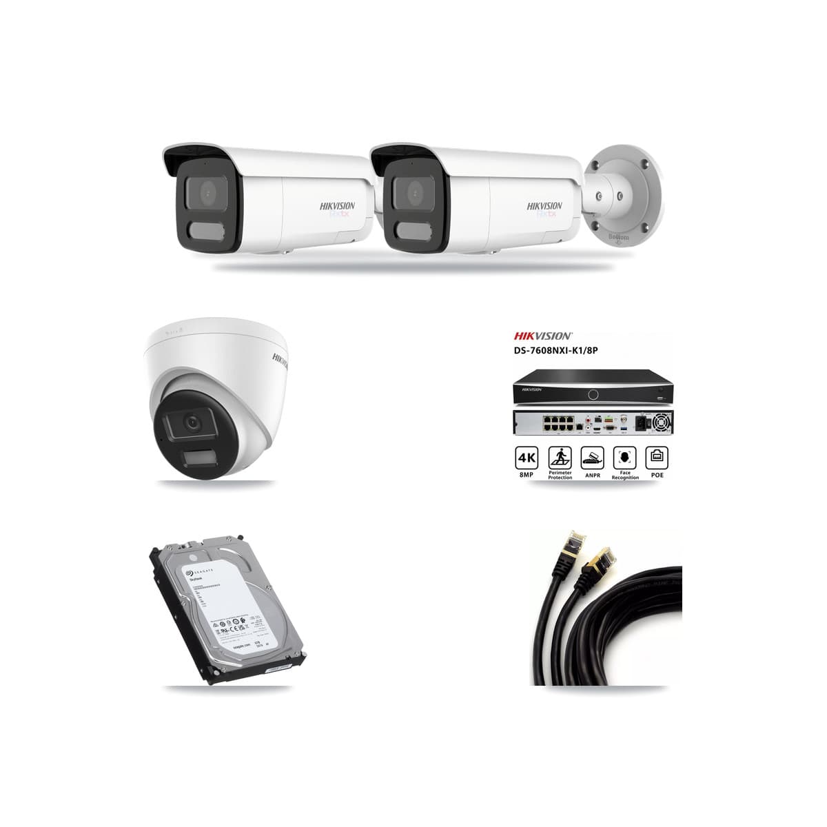 Hikvision 8-Channel 4K CCTV Kit — 1 DS-2CD1383G2-LIU Turret + 2 White DS-2CD2T87G2H-LISU/SL-2.8MM-W Bullet Cameras + 6TB Recording (DS-7608NXI-K1/8P Recorder) - Image 1