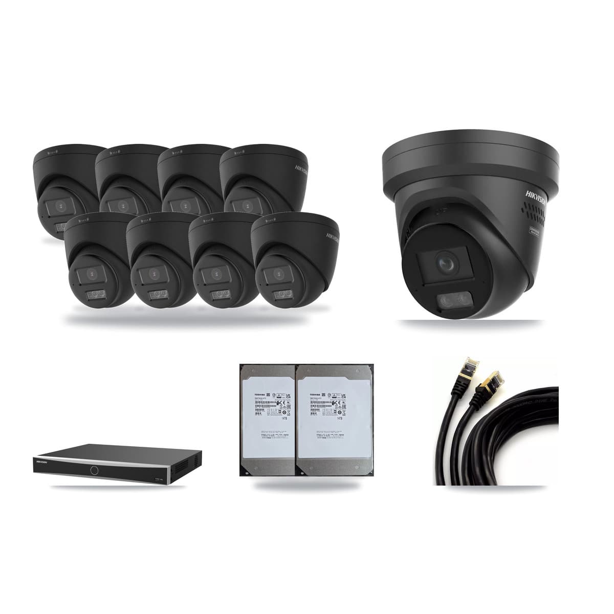 Hikvision 16-Channel 4K CCTV Kit — 8 Black DS-2CD1383G2 + 1 Black DS-2CD2387G3 Turret Cameras + 2× 14TB Recording - Image 1