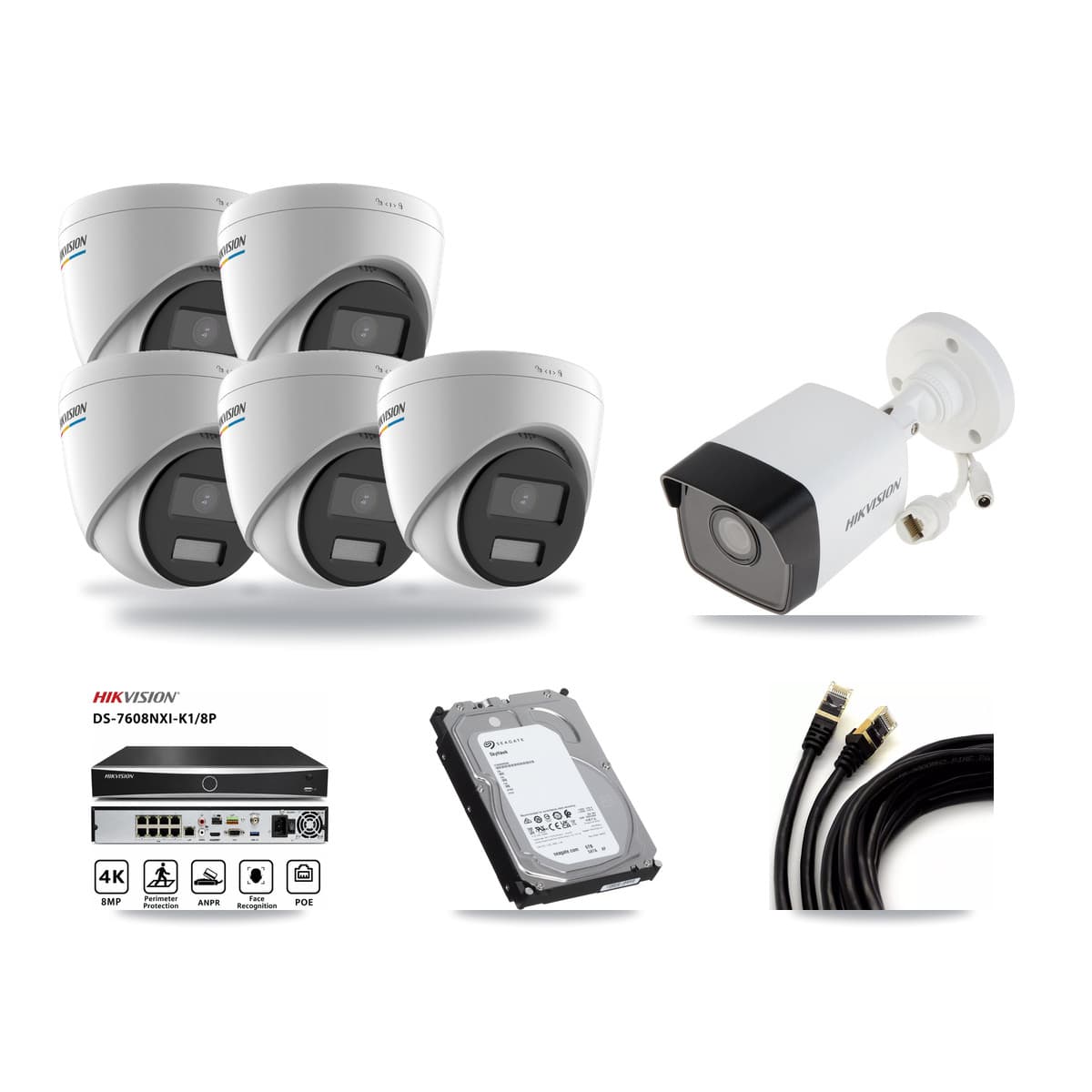 Hikvision 8-Channel 2MP – 5MP CCTV Kit — 1 5MP Bullet + 5 2MP Turret Cameras + 6TB Recording (DS-7608NXI Recorder) - Image 1