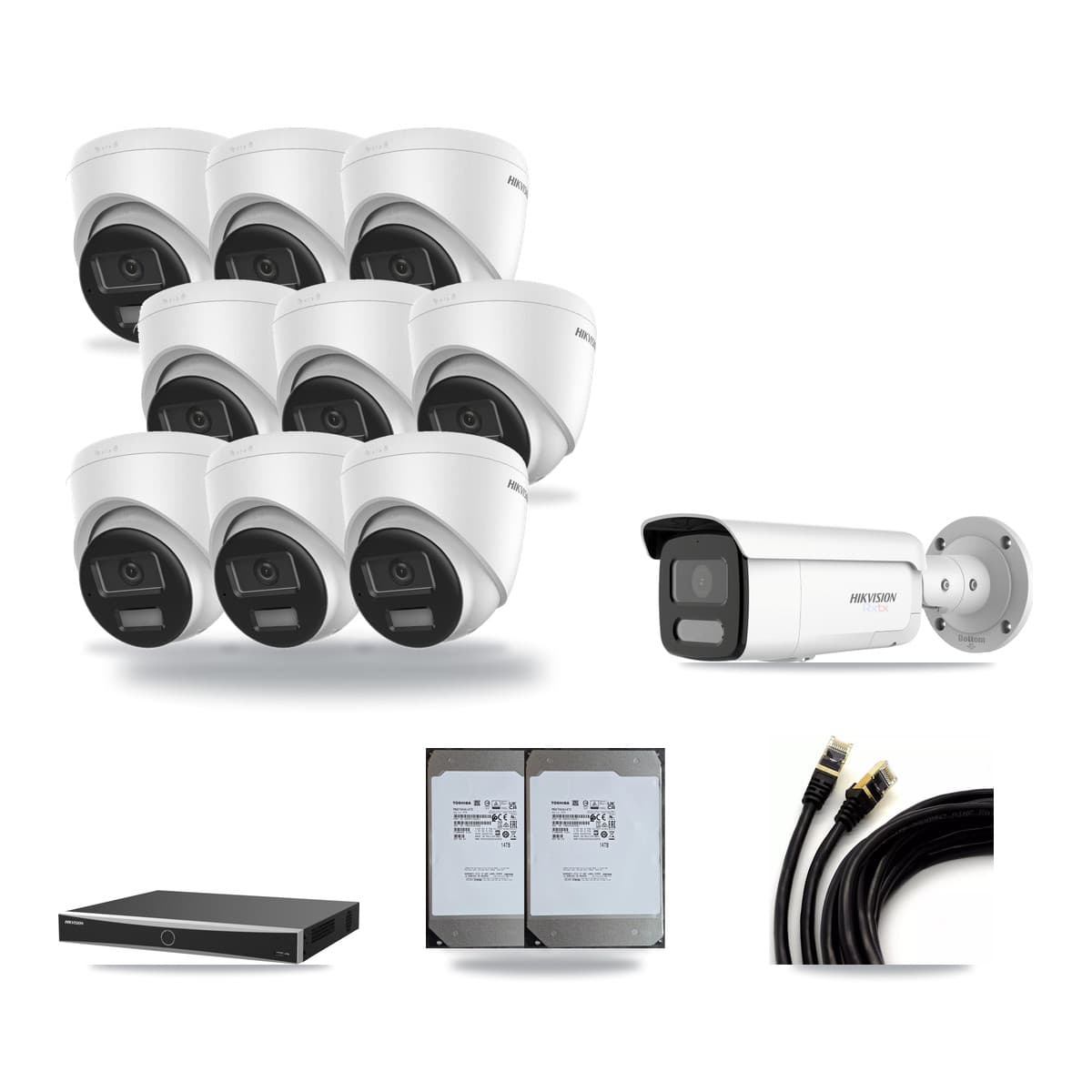 Hikvision 16-Channel 4K CCTV Kit — 9 DS-2CD1383G2-LIUF/SL Turret + 1 White DS-2CD2T87G2H-LISU/SL-2.8MM-W Bullet Cameras + 2× 14TB Recording (DS-7616NXI-K2/16P(E) Recorder) - Image 1