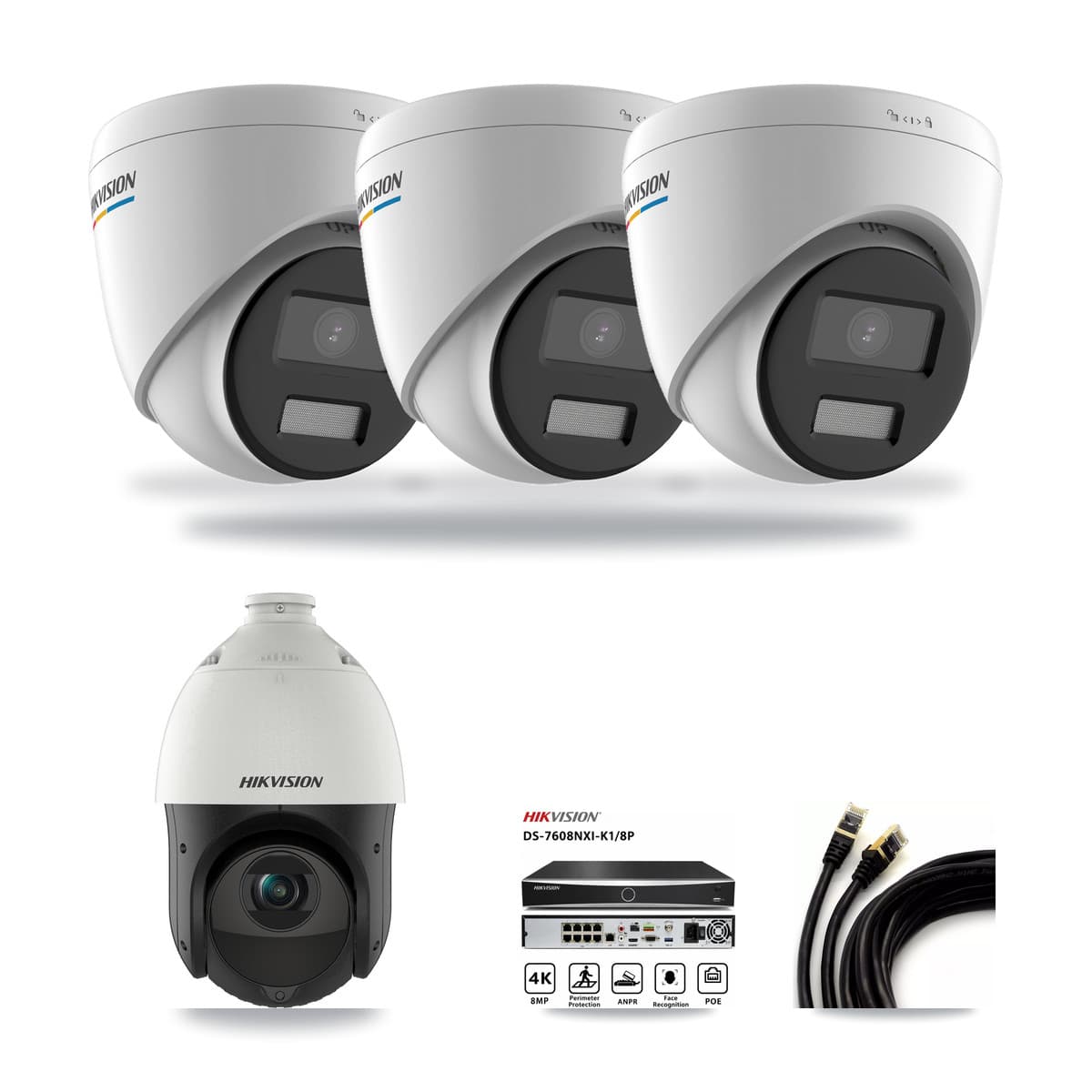 Hikvision 8-Channel 2MP – 4MP CCTV Kit — 3 2MP Turret + 1 4MP PTZ Cameras + 3TB Recording (DS-7608NXI Recorder) - Image 1