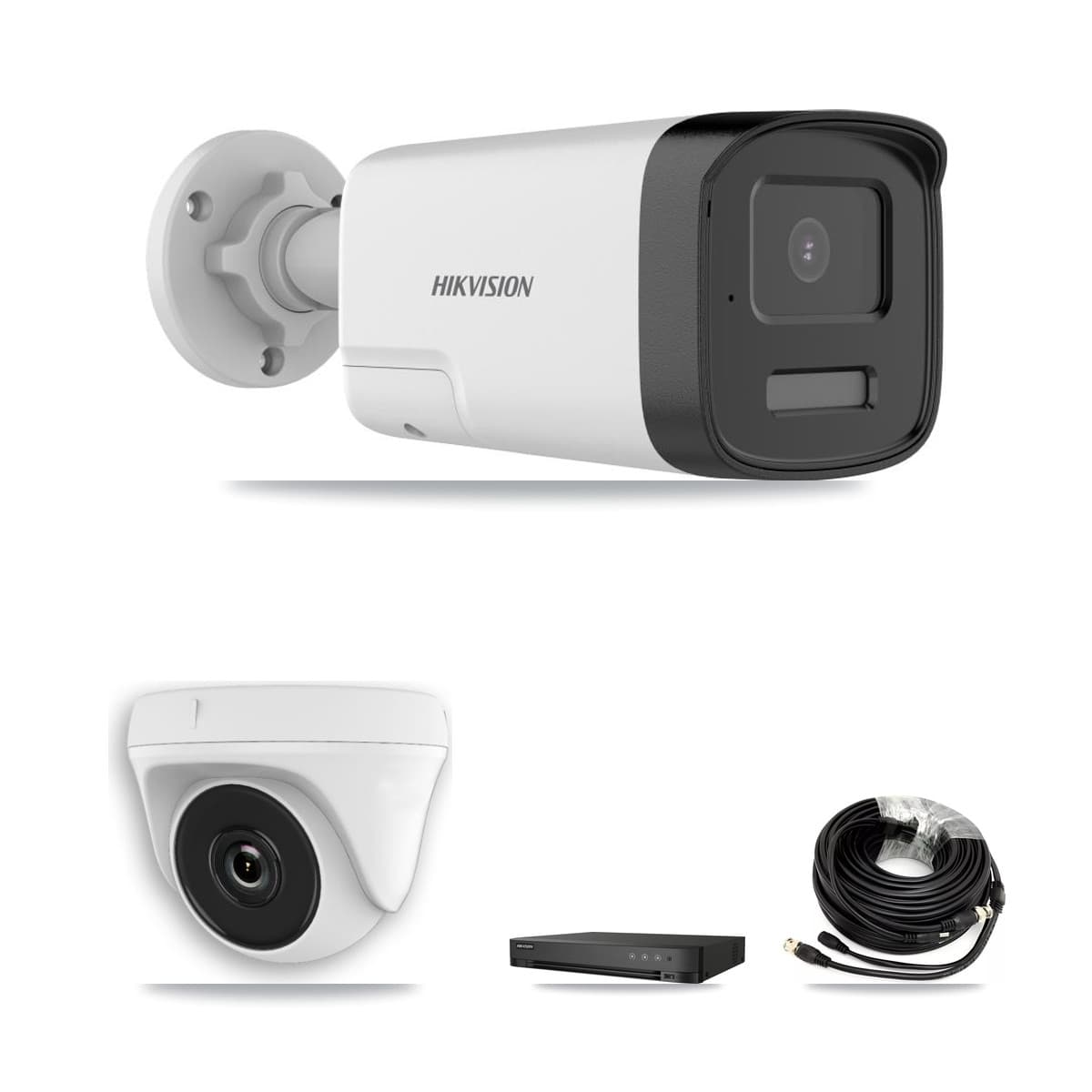 Hikvision 4-Channel 2MP – 5MP CCTV Kit — 2 DS-2CE17K0T 5MP Bullet + 1 White HDT-2MP-N20W 2MP Dome Cameras + 3TB Recording (IDS-7204HUHI Recorder)