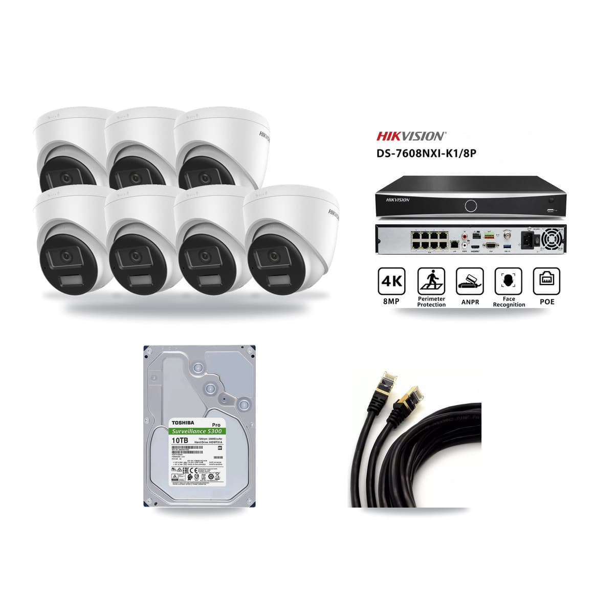Hikvision 8-Channel 4K CCTV Kit — 7 DS-2CD1383G2-LIUF/SL Turret Cameras + 10TB Recording (DS-7608NXI-K1/8P Recorder) - Image 1