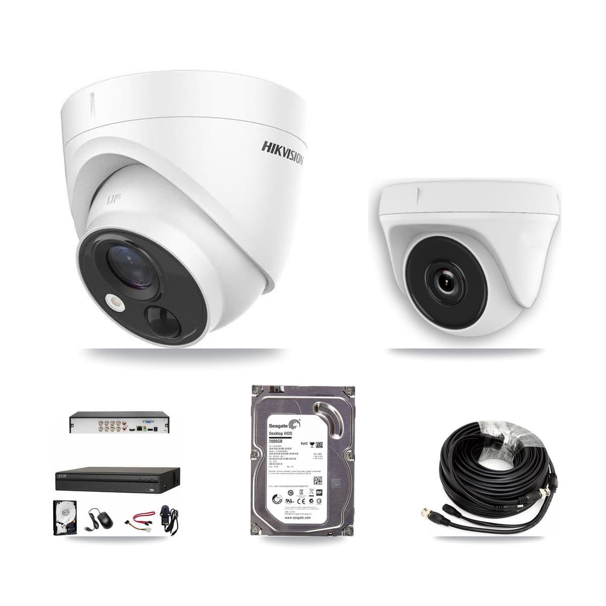Hikvision & Dahua 8-Channel 2MP – 5MP CCTV Kit — 1 DS-2CE71H0T 5MP Turret + 1 White HDT-2MP-N20W 2MP Dome Cameras + 2TB Recording (XVR-3108AD Recorder) - Image 1