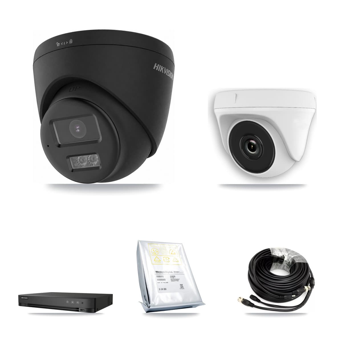 Hikvision 4-Channel 2MP – 4K CCTV Kit — 3 Black 4K Turret + 1 White 2MP Dome Cameras + 8TB Recording (IDS-7204HUHI Recorder)
