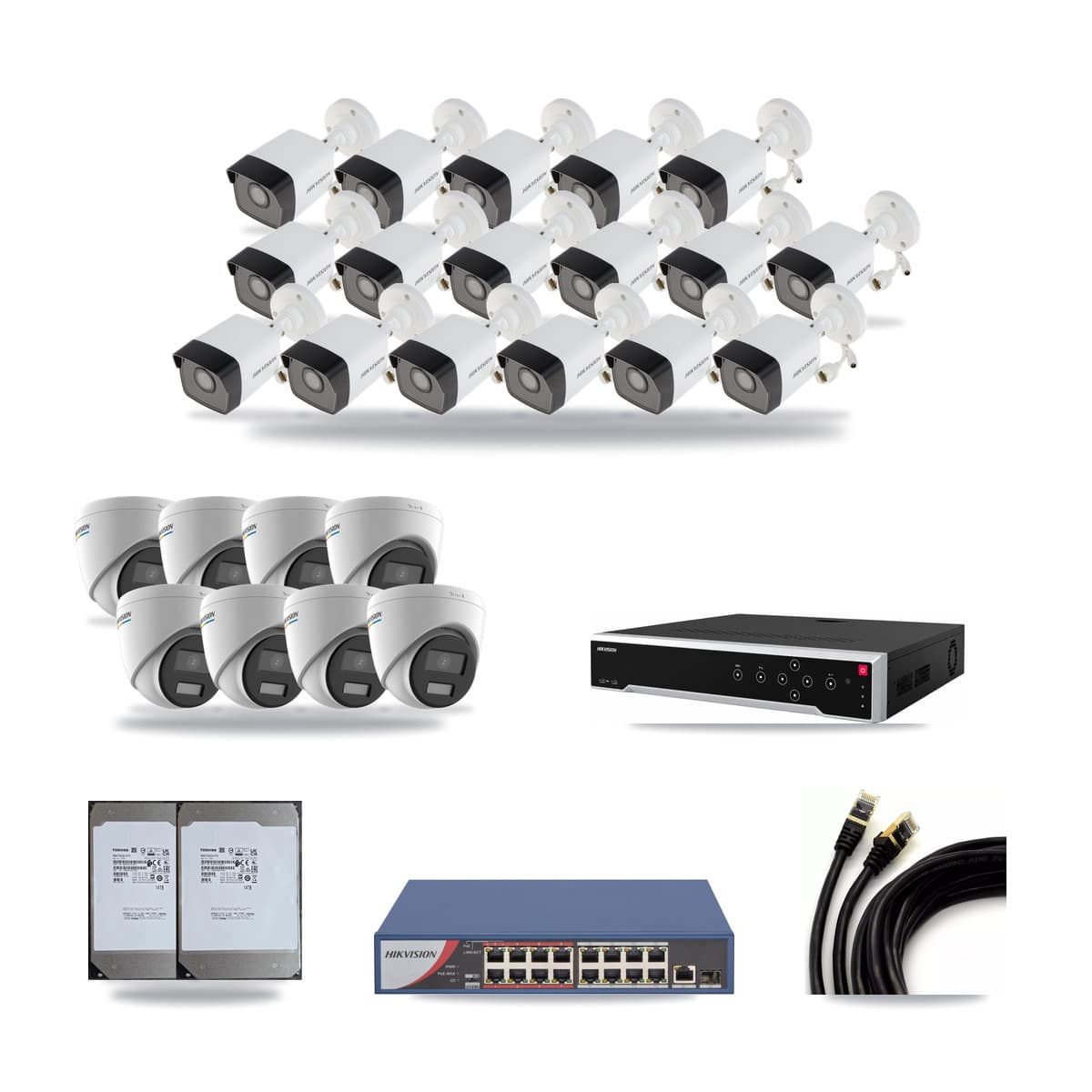 Hikvision 32-Channel 2MP – 5MP CCTV Kit — 17 5MP Bullet + 8 2MP Turret Cameras + 2× 14TB Recording - Image 1