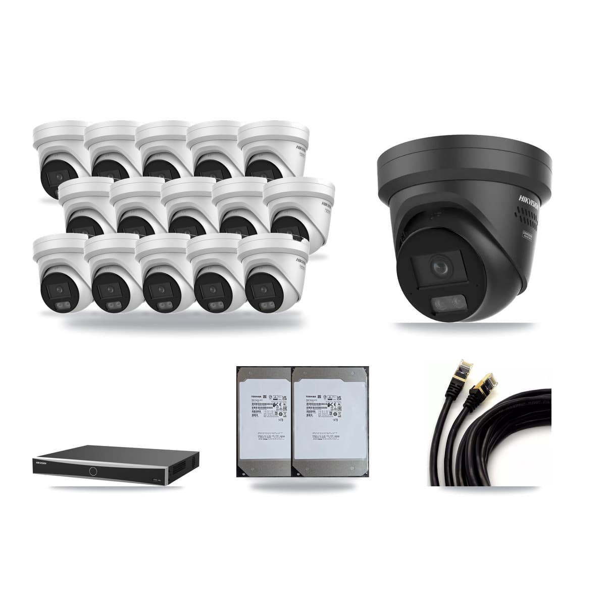 Hikvision 16-Channel 4K CCTV Kit — 15 + 1 Black Turret Cameras + 2× 14TB Recording (DS-7616NXI Recorder) - Image 1