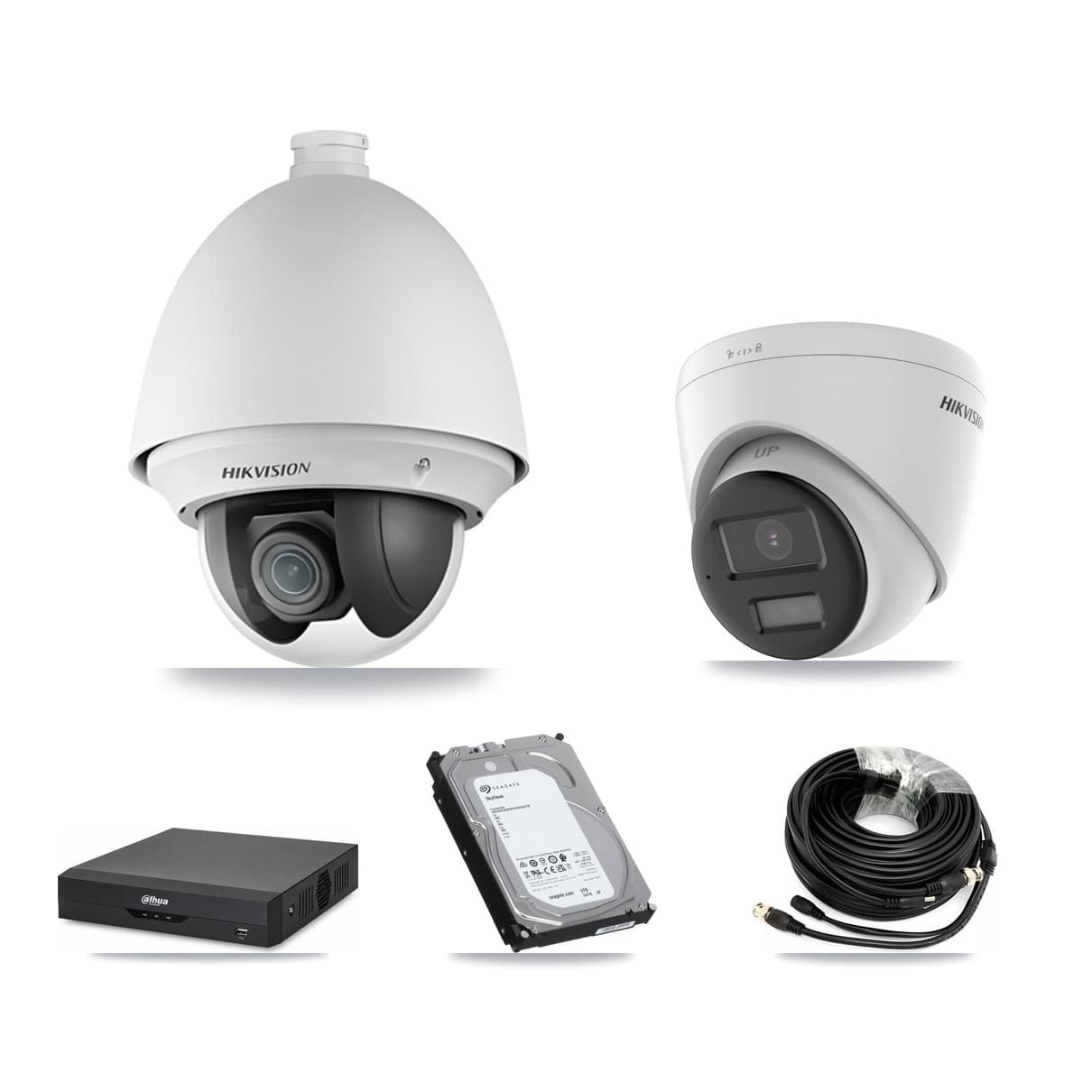 Hikvision & Dahua 4-Channel 2MP – 4K CCTV Kit — 1 2MP PTZ + 1 4K Turret Cameras + 6TB Recording