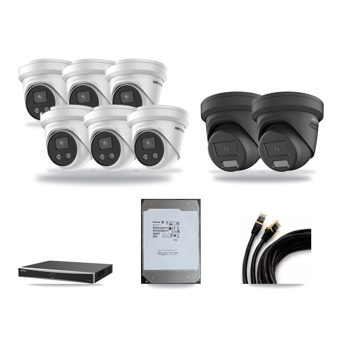 Hikvision 16-Channel 4MP – 5MP CCTV Kit — 2 Black 4MP + 6 5MP Turret Cameras + 14TB Recording (DS-7616NXI Recorder) - Image 1