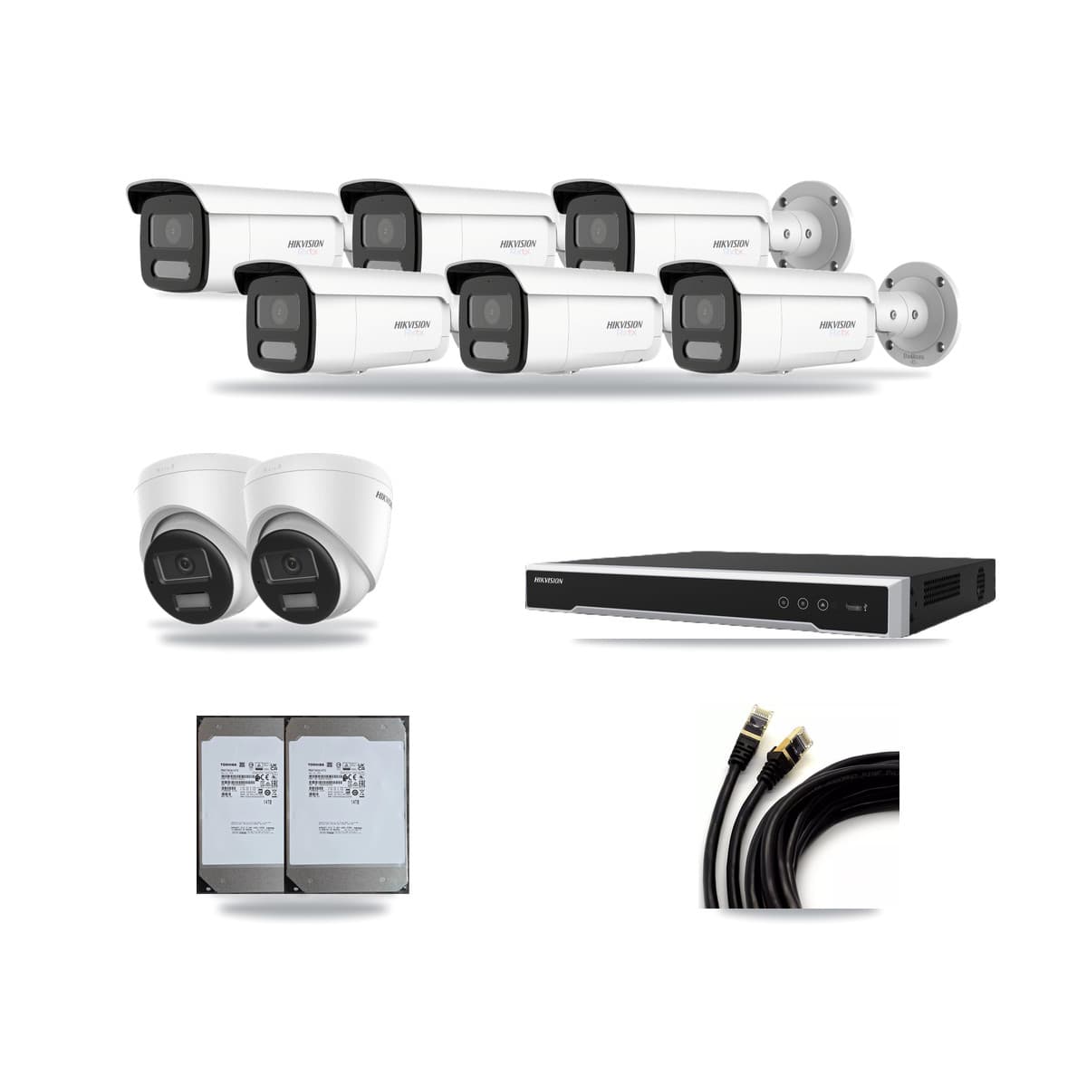 Hikvision 8-Channel 4K CCTV Kit — 2 DS-2CD1383G2-LIUF/SL Turret + 6 White DS-2CD2T87G2H-LISU/SL-2.8MM-W Bullet Cameras + 2× 14TB Recording (DS-7608NI-M2/8P Recorder) - Image 1