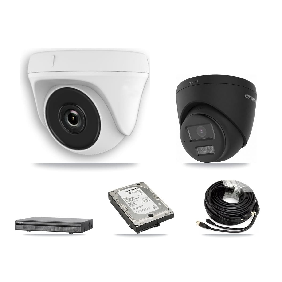 Hikvision & Dahua 8-Channel 2MP – 4K CCTV Kit — 1 Black 4K Turret + 4 White 2MP Dome Cameras + 5TB Recording