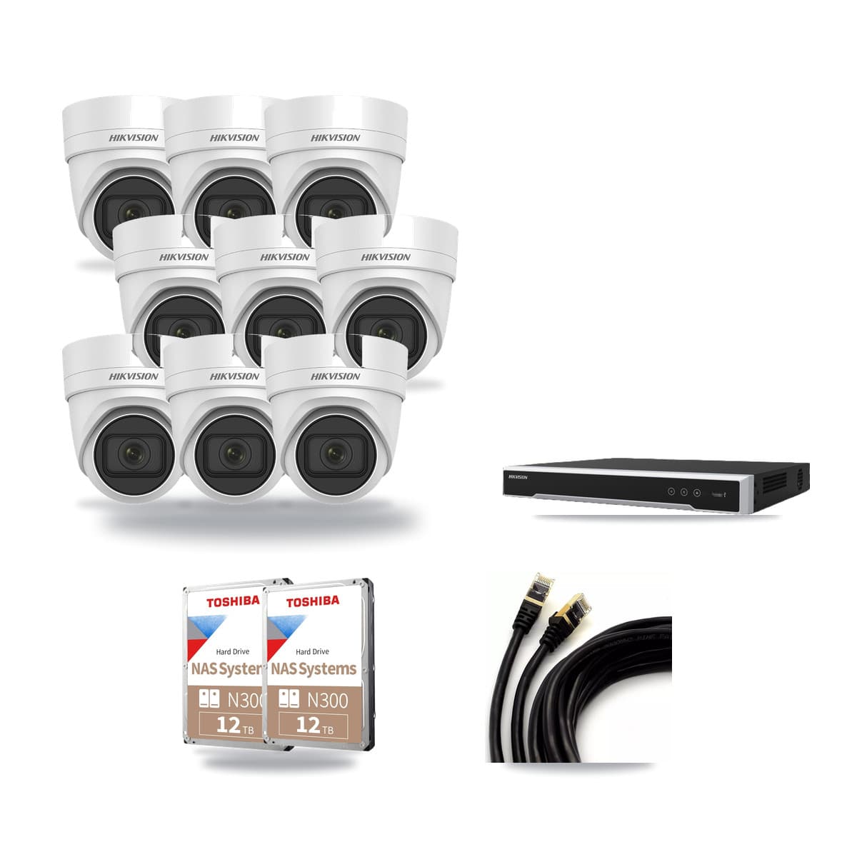 Hikvision 16-Channel 4K CCTV Kit — 9 DS-2CD2H83G0 Turret Cameras + 2× 12TB Recording (DS-7616NI-M2 Recorder) - Image 1