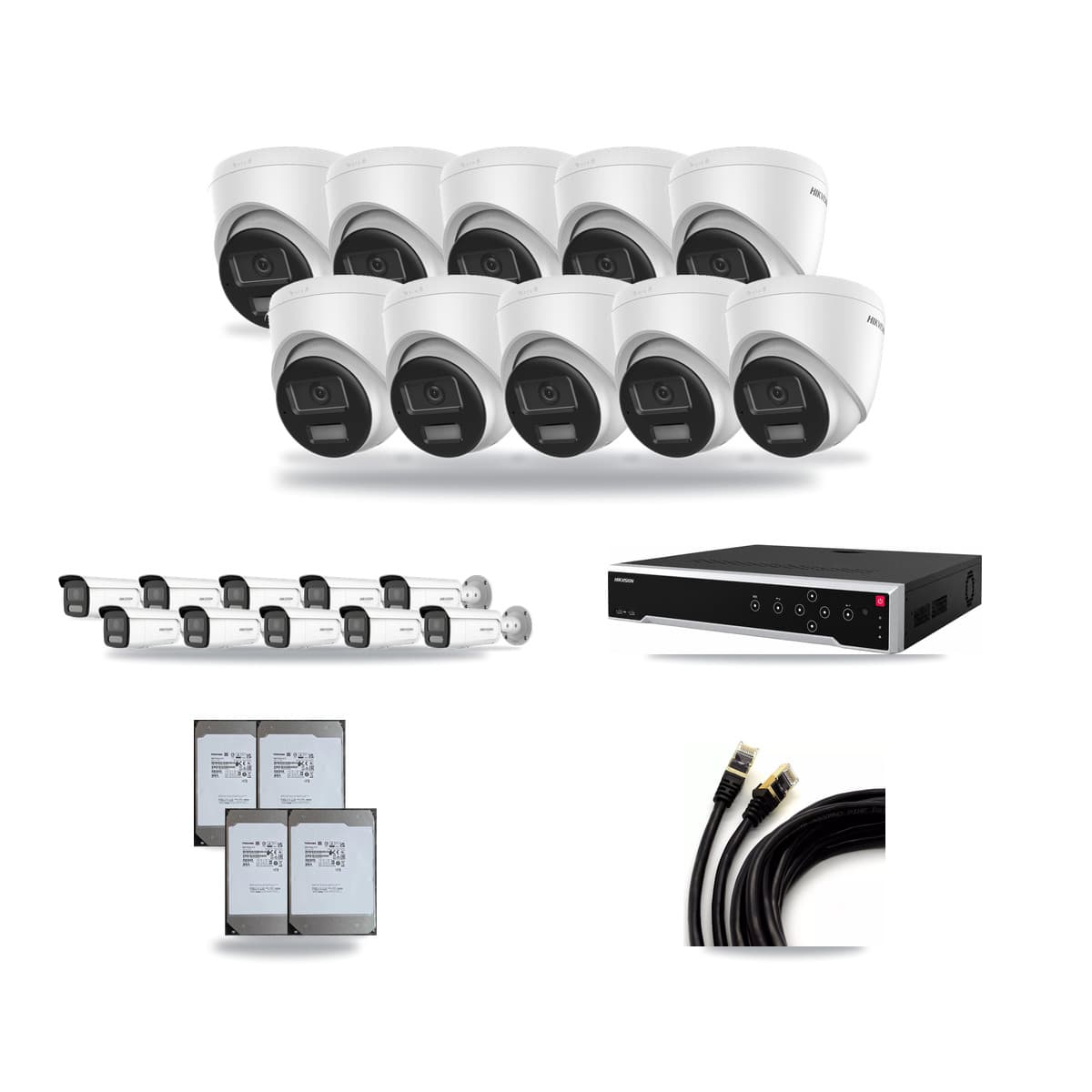 Hikvision 32-Channel 4K CCTV Kit — 10 DS-2CD1383G2-LIU Turret + 10 White DS-2CD2T87G2H-LISU/SL-2.8MM-W Bullet Cameras + 4× 14TB Recording (DS-7732NI-M4/24P Recorder) - Image 1