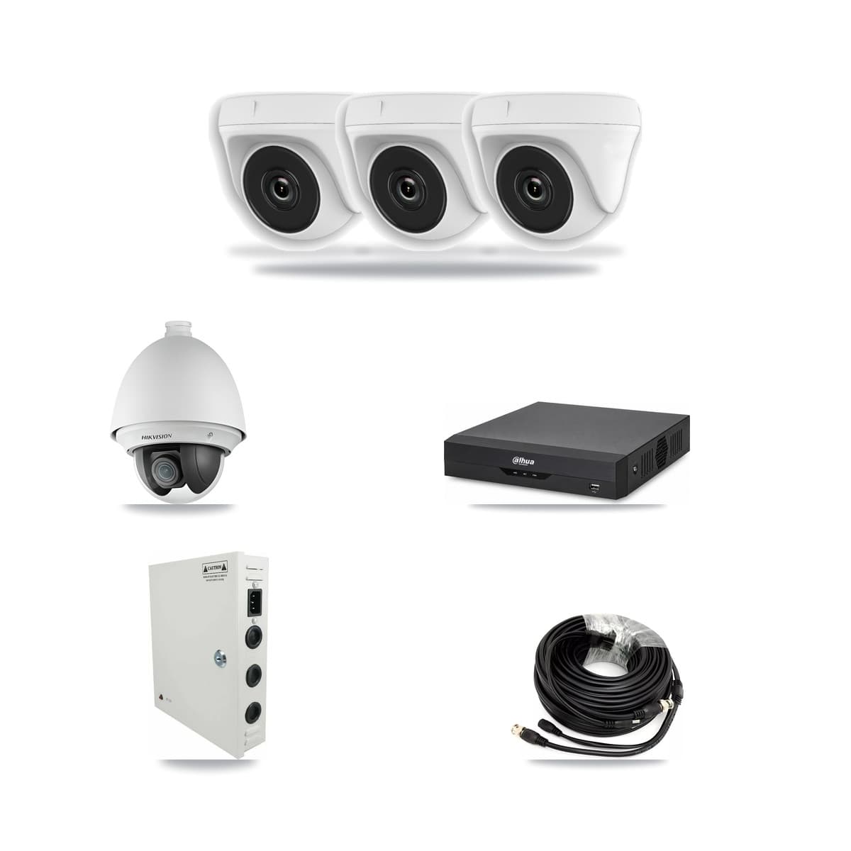 Hikvision & Dahua 4-Channel 2MP CCTV Kit — 1 DS-2AE4225T PTZ + 3 White HDT-2MP-N20W Dome Cameras + 3TB Recording - Image 1
