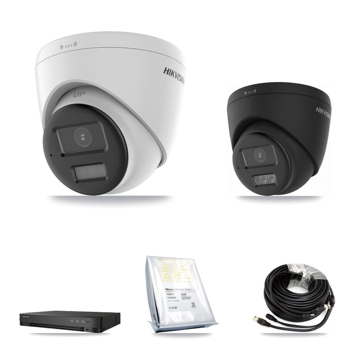 Hikvision 8-Channel 5MP – 4K CCTV Kit — 4 DS-2CE78K0T-LPTS 5MP + 1 Black DS-2CE78U0T-LTS-BLACK 4K Turret Cameras + 8TB Recording (IDS-7208HUHI-M1/E Recorder)