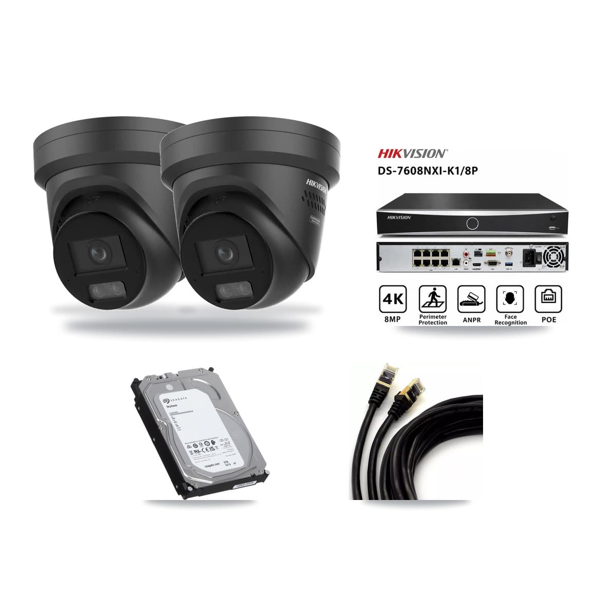 Hikvision 8-Channel 4K CCTV Kit — 2 Black DS-2CD2387G3 Turret Cameras + 6TB Recording (DS-7608NXI Recorder) - Image 1