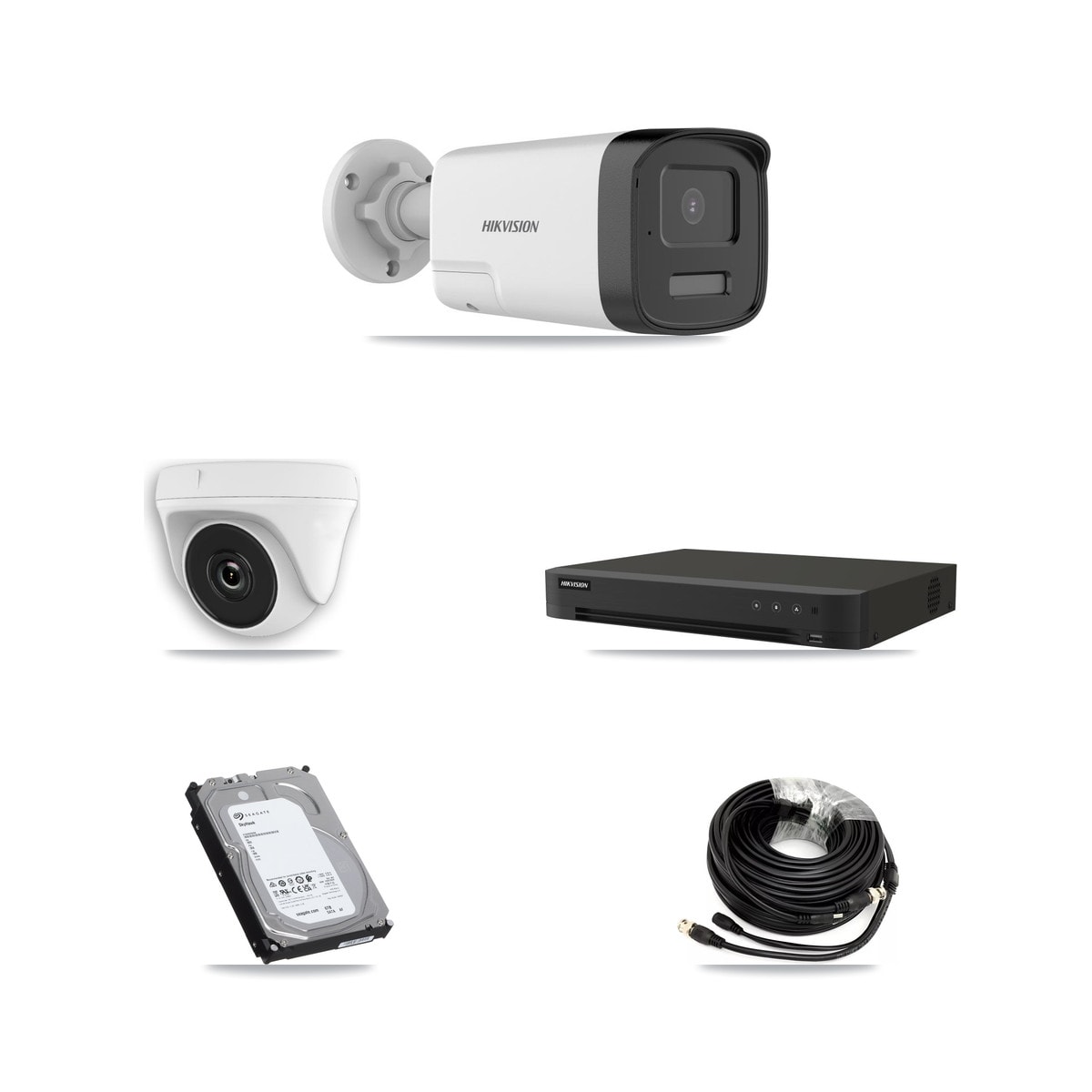 Hikvision 8-Channel 2MP – 5MP CCTV Kit — 3 DS-2CE17K0T-LXTS 5MP Bullet + 3 White HDT-2MP-N20W-2.8MM 2MP Dome Cameras + 6TB Recording (IDS-7208HUHI-M1/XT Recorder)