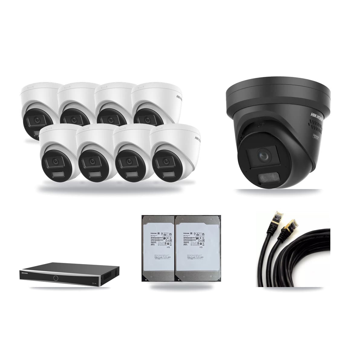 Hikvision 16-Channel 4K CCTV Kit — 8 DS-2CD1383G2 + 1 Black DS-2CD2387G3 Turret Cameras + 2× 14TB Recording (DS-7616NXI Recorder) - Image 1