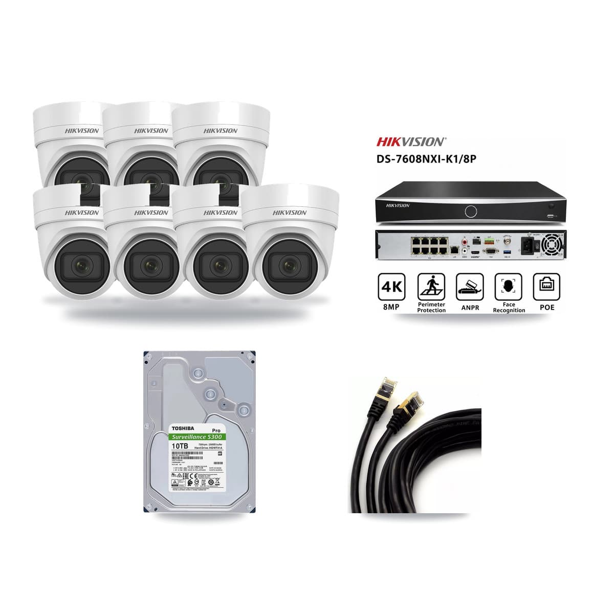 Hikvision 8-Channel 4MP CCTV Kit — 7 DS-2CD2H45FWD Turret Cameras + 10TB Recording (DS-7608NXI Recorder) - Image 1