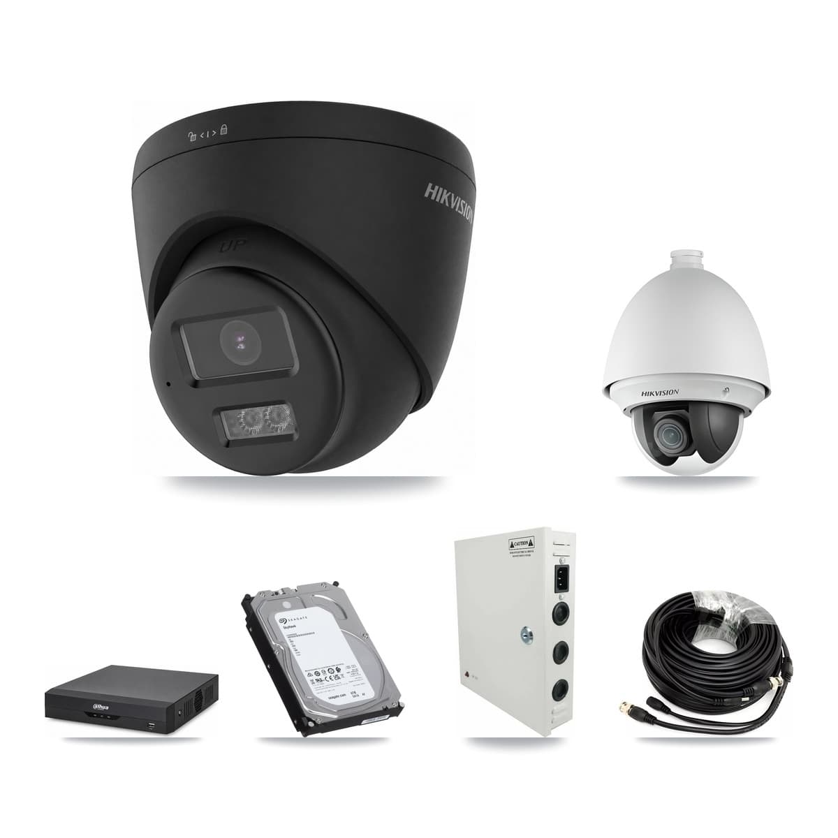 Hikvision & Dahua 4-Channel 2MP – 4K CCTV Kit — 1 2MP PTZ + 2 Black 4K Turret Cameras + 6TB Recording