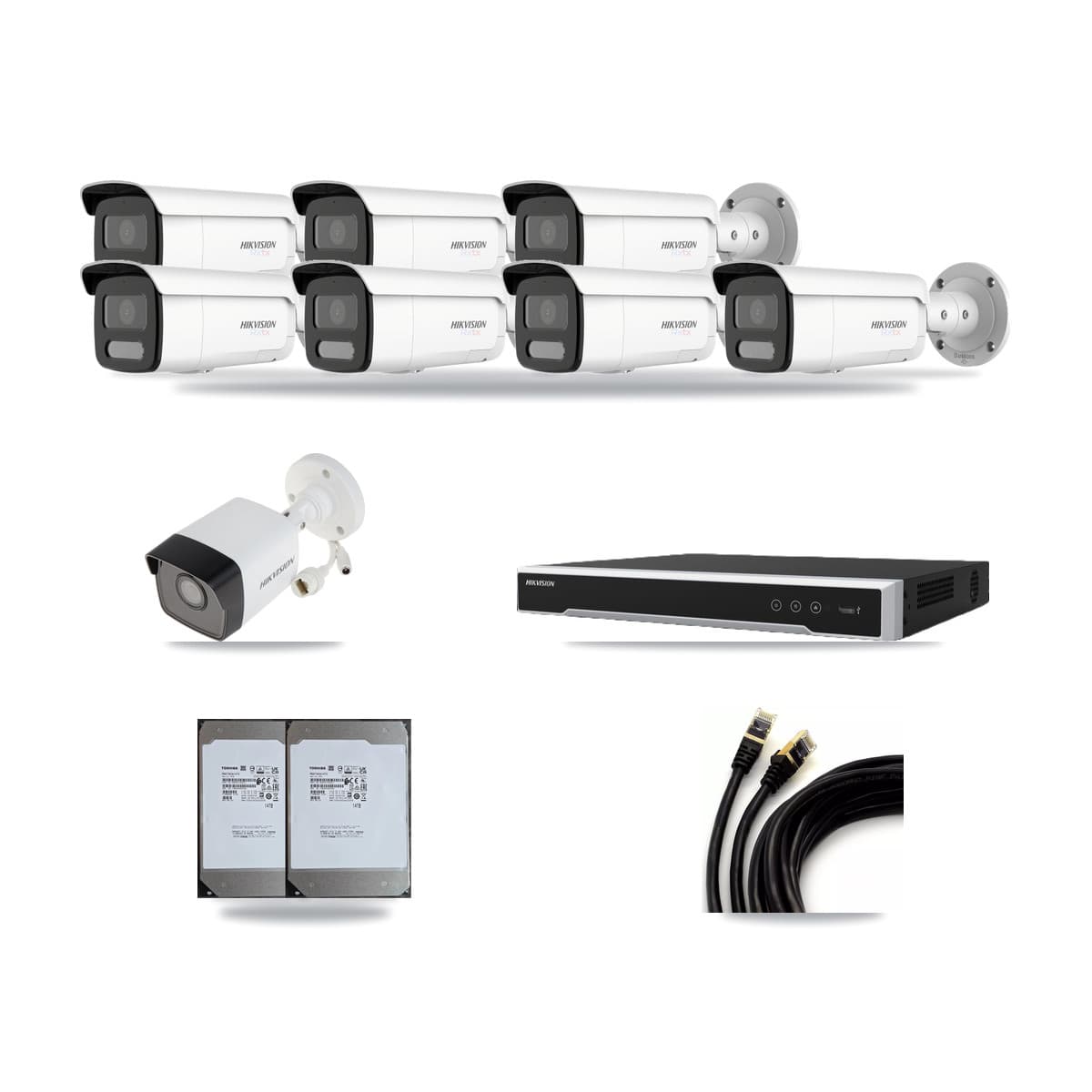 Hikvision 8-Channel 5MP – 4K CCTV Kit — 1 5MP + 7 4K Bullet Cameras + 2× 14TB Recording - Image 1