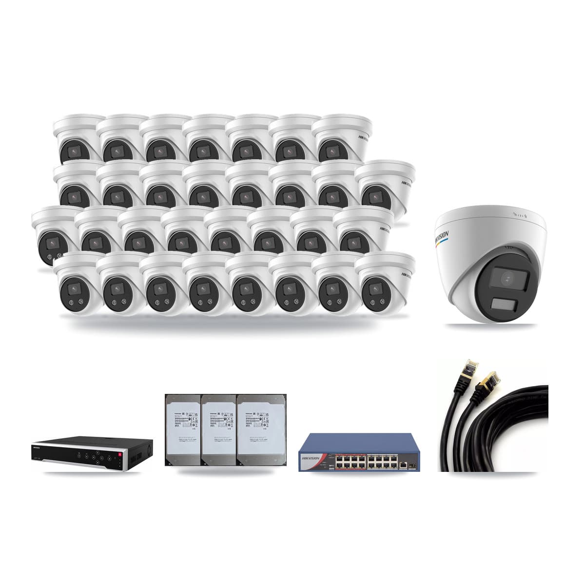 Hikvision 32-Channel 2MP – 5MP CCTV Kit — 1 2MP + 31 5MP Turret Cameras + 3× 14TB Recording - Image 1