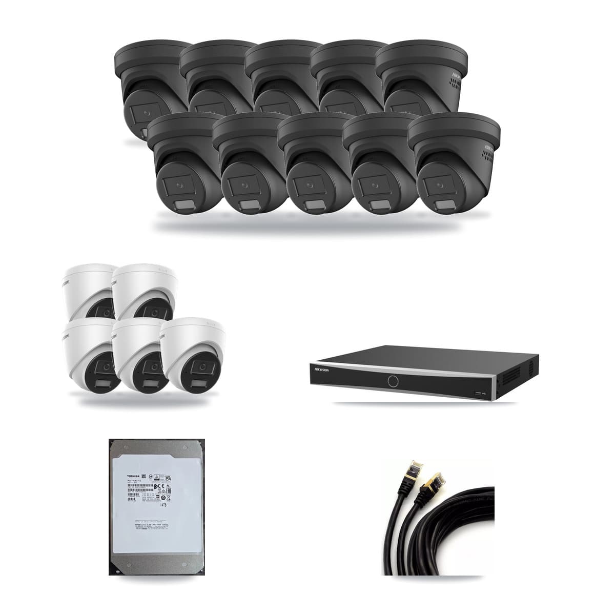 Hikvision 16-Channel 4MP CCTV Kit — 5 DS-2CD1343G2 + 10 Black DS-2CD2347G2 Turret Cameras + 14TB Recording (DS-7616NXI Recorder) - Image 1