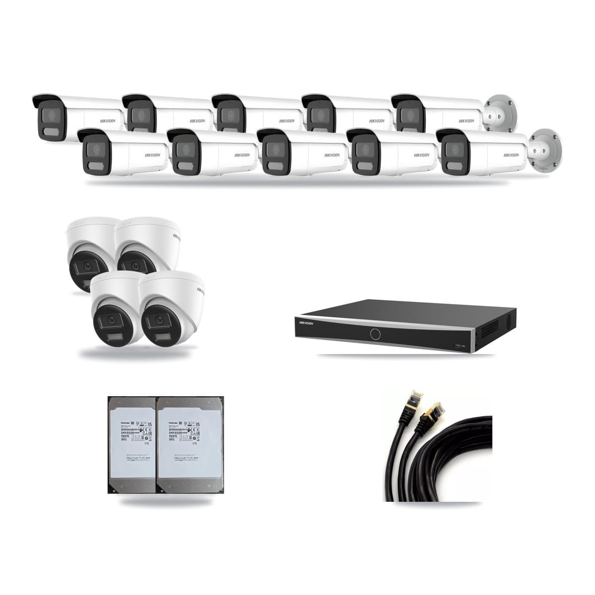 Hikvision 16-Channel 4MP – 4K CCTV Kit — 4 DS-2CD1383G2-LIU 4K Turret + 10 DS-2CD2T47G2H-LISU/SL 4MP Bullet Cameras + 2× 14TB Recording (DS-7616NXI-K2/16P(E) Recorder) - Image 1